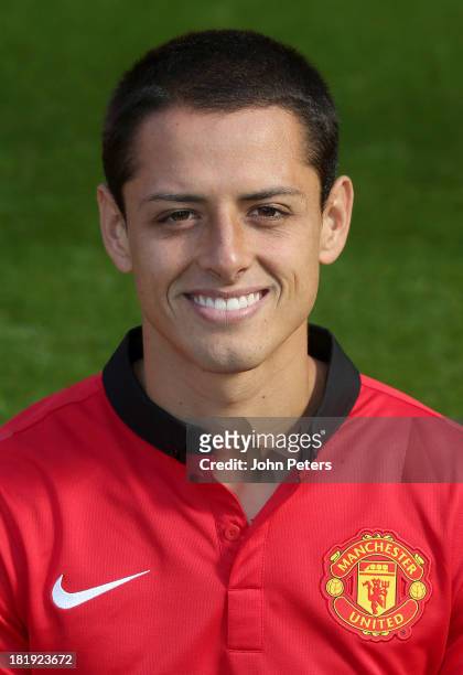 Javier "Chicharito" Hernandez of Manchester United poses at the annual club photocall at Old Trafford on September 26, 2013 in Manchester, England.