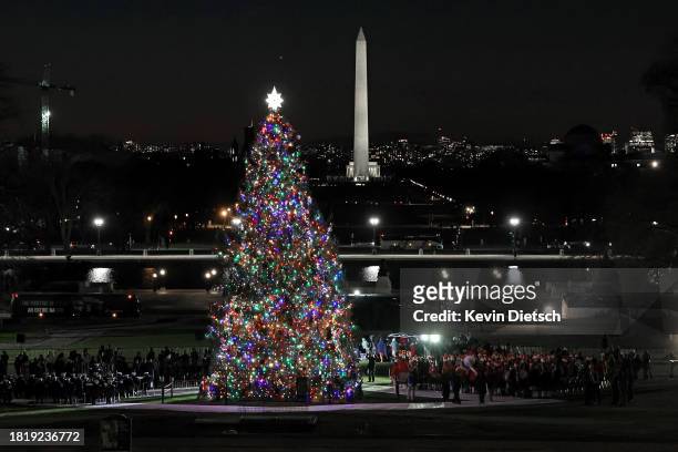 The U.S. Capitol Christmas Tree shines following the lighting ceremony on the West Front of the U.S. Capitol on November 28, 2023 in Washington, DC....
