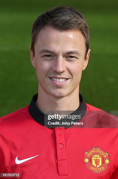 Jonny Evans of Manchester United poses at the annual club photocall at Old Trafford on September 26, 2013 in Manchester, England.