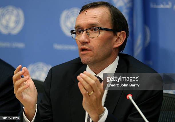 Espen Barth Eide, Minister for Foreign Affairs of Norway attends the 68th session of the United Nations General Assembly on September 25, 2013 in New...