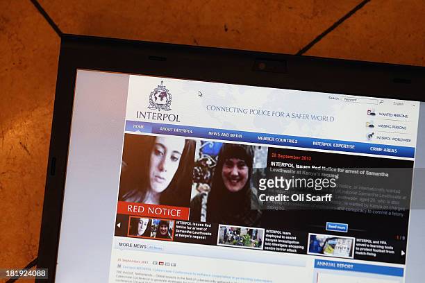 View of a laptop computer screen showing the Interpol website which features a 'Red Notice' for the arrest of Samantha Lewthwaite on September 26,...