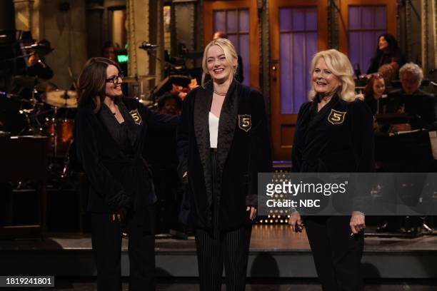 Emma Stone, Noah Kahan" Episode 1850 -- Pictured: Surprise guest Tina Fey, host Emma Stone, and Candice Bergen during the Monologue on Saturday,...