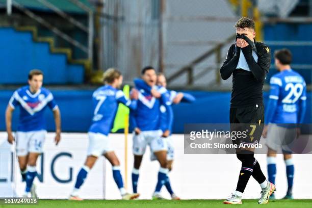 Sebastiano Esposito of Sampdoria reacts with disappointment after Alexander Jallow of Brescia has scored a goal during the Serie B match between...