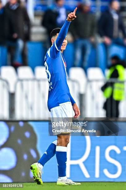 Alexander Jallow of Brescia celebrates after scoring a goal during the Serie B match between Brescia and UC Sampdoria at Stadio Mario Rigamonti on...