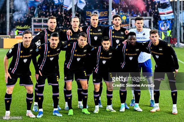 Players of Sampdoria pose for a team picture prior to kick-off in the Serie B match between Brescia and UC Sampdoria at Stadio Mario Rigamonti on...