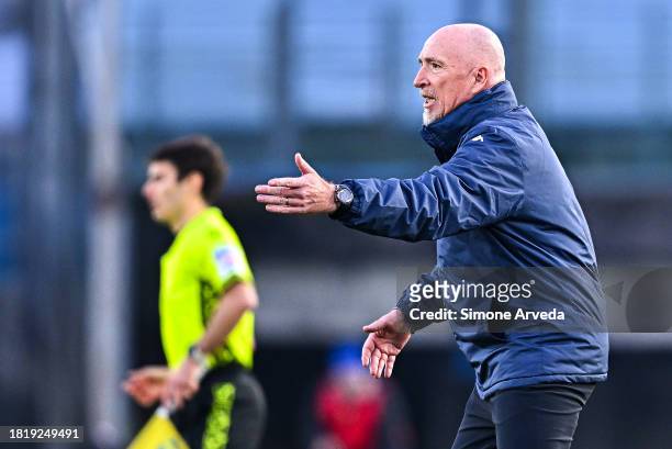 Rolando Maran, head coach of Brescia, reacts during the Serie B match between Brescia and UC Sampdoria at Stadio Mario Rigamonti on December 3, 2023...