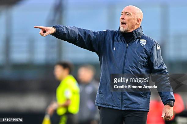 Rolando Maran, head coach of Brescia, reacts during the Serie B match between Brescia and UC Sampdoria at Stadio Mario Rigamonti on December 3, 2023...