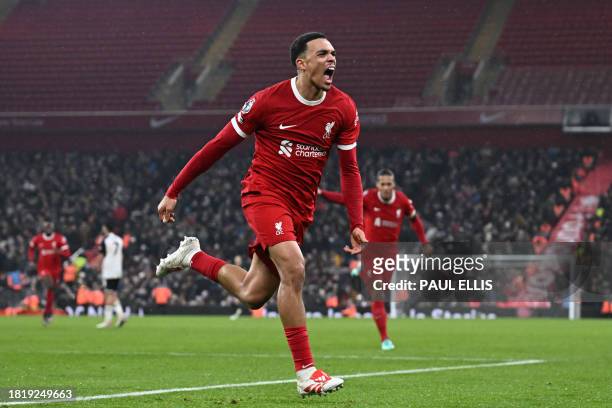 Liverpool's English defender Trent Alexander-Arnold celebrates after scoring their fourth goal during the English Premier League football match...
