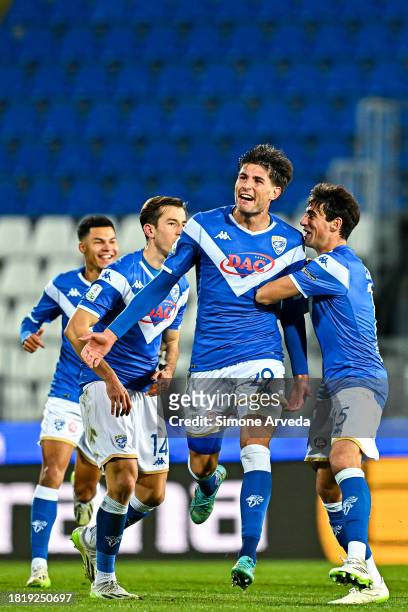 Gennaro Borrelli of Brescia celebrates with his team-mates after scoring a goal during the Serie B match between Brescia and UC Sampdoria at Stadio...