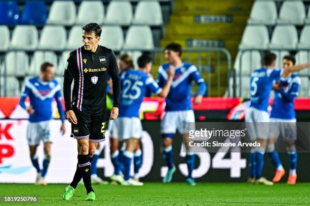 Simone Giordano of Sampdoria reacts with disappointment after Birkir Bjarnason of Brescia has scored a goal during the Serie B match between Brescia...