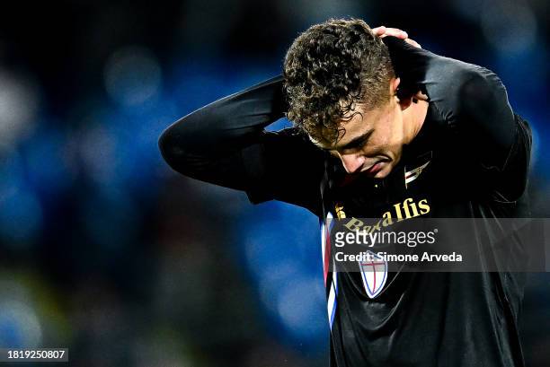 Sebastiano Esposito of Sampdoria reacts with disappointment during the Serie B match between Brescia and UC Sampdoria at Stadio Mario Rigamonti on...