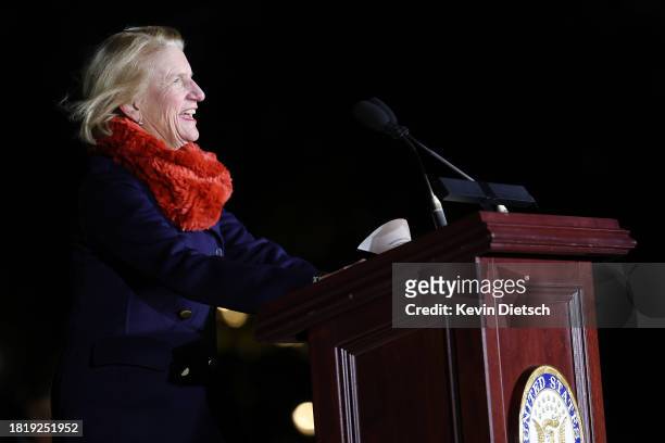 Sen. Shelley Moore Capito delivers remarks during the lighting ceremony for the U.S. Capitol Christmas Tree on the West Front of the U.S. Capitol on...
