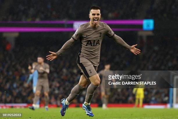 Tottenham Hotspur's Argentinian midfielder Giovani Lo Celso celebrates after scoring their second goal during the English Premier League football...