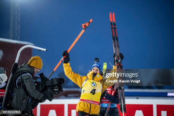 Franziska Preuss of Germany looks on at the medal ceremony after the Women 10 km Pursuit at the BMW IBU World Cup Biathlon Oestersund on December 3,...