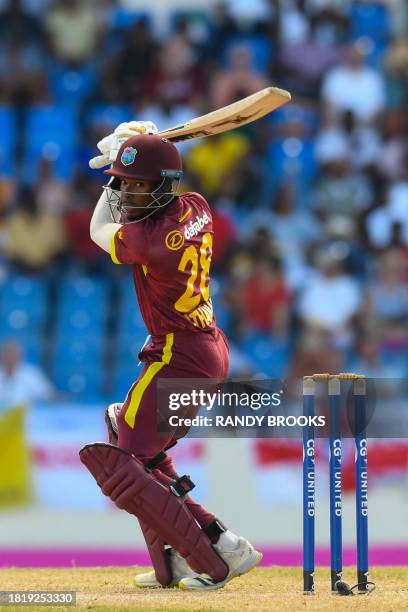 Alick Athanaze, of West Indies, hits 4 during the first one day international cricket match between England and West Indies at Sir Vivian Richards...