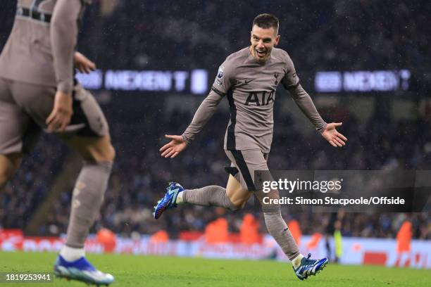 Giovani Lo Celso of Tottenham Hotspur celebrates a goal during the Premier League match between Manchester City and Tottenham Hotspur at Etihad...