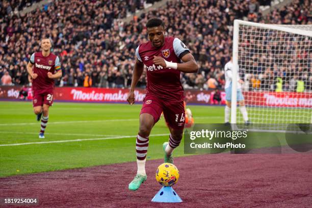 Mohammed Kudus of West Ham is celebrating after scoring during the Premier League match between West Ham United and Crystal Palace at the London...