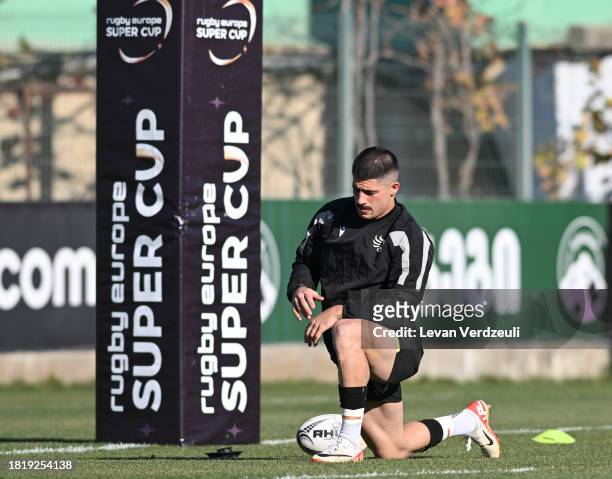 Luka Matkava of Black Lion warms up prior to the Rugby Europe Super Cup 2023 semi-final match between Black Lion and Iberians at Avchala Rugby...