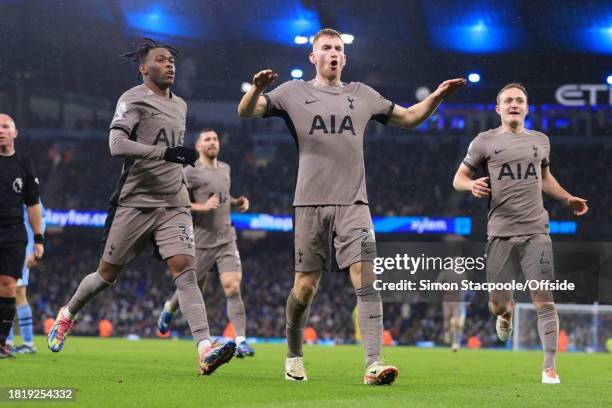 Dejan Kulusevski of Tottenham Hotspur celebrates after scoring a late equalising goal during the Premier League match between Manchester City and...