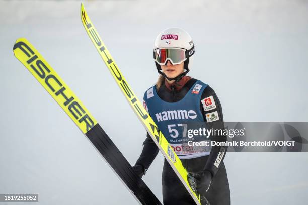 Josephine Pagnier of France looks on during the FIS World Cup Ski Jumping Women Individual HS140 on December 3, 2023 in Lillehammer, Norway.