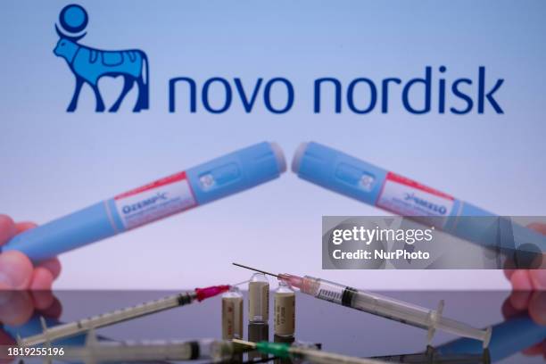 The Novo Nordisk pharmaceutical logo is being displayed on a screen alongside pills and a medical vial with a syringe in this photo illustration,...