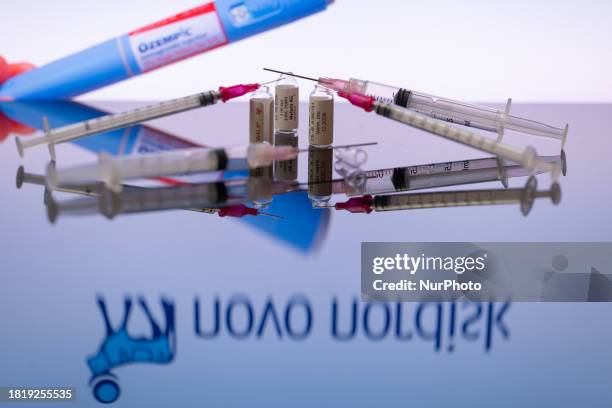 The Novo Nordisk pharmaceutical logo is being displayed on a screen alongside pills and a medical vial with a syringe in this photo illustration,...