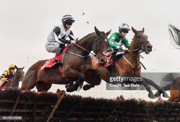 Meath , Ireland - 3 December 2023; Hey Johnny, left, with Michael O'Sullivan up, and By Your Side, right, with Jake Coen up, during the Bar One...