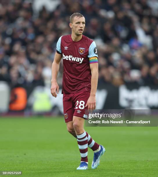 West Ham United's Tomas Soucek during the Premier League match between West Ham United and Crystal Palace at London Stadium on December 3, 2023 in...