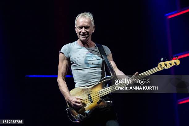 English singer Gordon Matthew Thomas Sumner, aka Sting, performs at the Accor Arena in Paris on December 3, 2023.