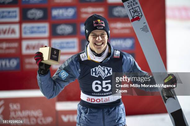 Andreas Wellinger of Team Germany in action, takes 2nd place during the FIS Ski Jumping World Cup Men's and Women's HS140 on December 3, 2023 in...