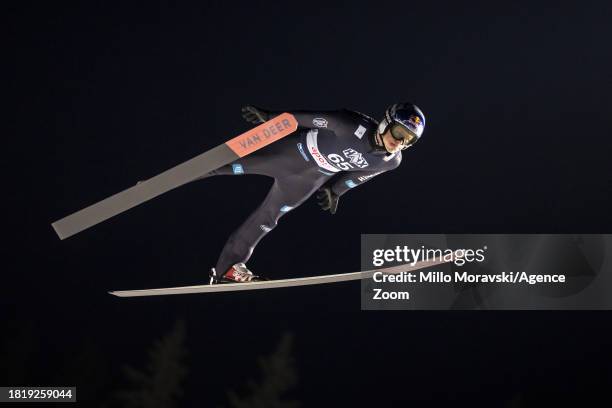 Andreas Wellinger of Team Germany in action, takes 2nd place during the FIS Ski Jumping World Cup Men's and Women's HS140 on December 3, 2023 in...
