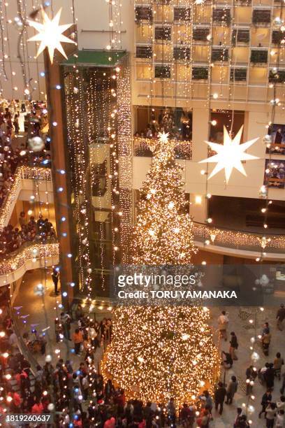 People look at a huge Christmas tree decorated with 40,000 light bulbs at a shopping and amusement mall in Tokyo 23 November 2001. The 17-meter-high...
