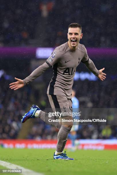Giovani Lo Celso of Tottenham Hotspur celebrates after scoring their 2nd goal during the Premier League match between Manchester City and Tottenham...