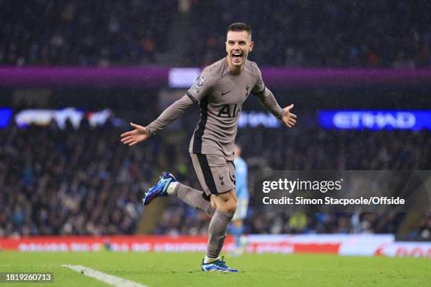 Giovani Lo Celso of Tottenham Hotspur celebrates after scoring their 2nd goal during the Premier League match between Manchester City and Tottenham...
