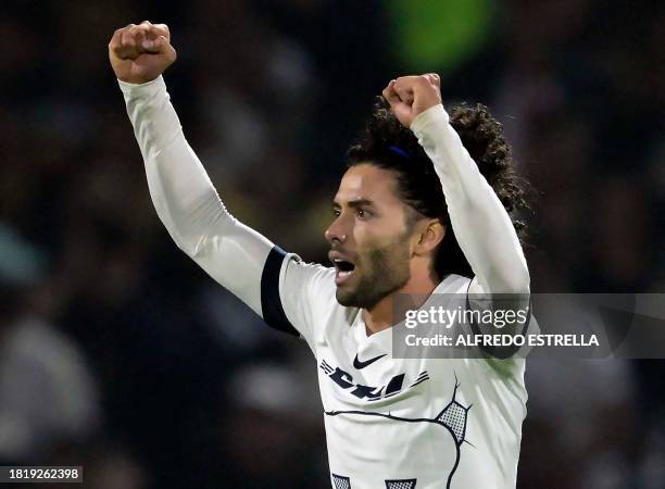 Pumas' forward Cesar Huerta celebrates after scoring against Guadalajara during their Mexican Apertura 2023 tournament quarterfinal football match at...