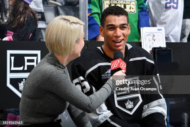 Quinton Byfield of the Los Angeles Kings speaks to Bally Sports after being named Player of the Game after their victory against the Colorado...