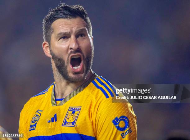 Tigres' French forward Andre-Pierre Gignac celebrates after scoring against Puebla during their Mexican Apertura 2023 football tournament match at...