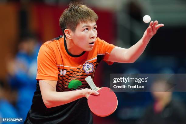 Chen Szu-Yu of Team Chinese Taipei competes against Jessie Xu of Team Canada during ITTF Mixed Team World Cup Chengdu 2023 at Sichuan Stadium on...