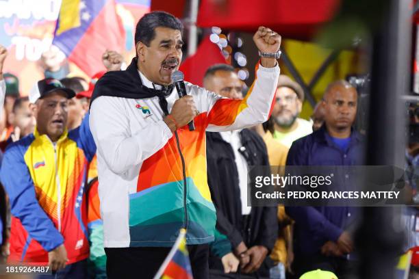 The President of the Bolivarian Republic of Venezuela, Nicolás Maduro, speaks and gestures after the National Electoral Council published the results...