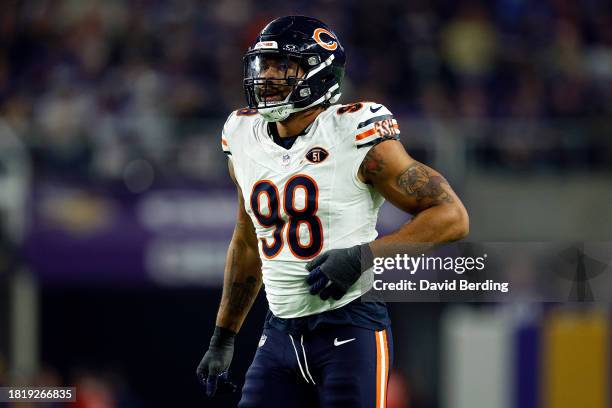 Montez Sweat of the Chicago Bears looks on against the Minnesota Vikings in the first half at U.S. Bank Stadium on November 27, 2023 in Minneapolis,...