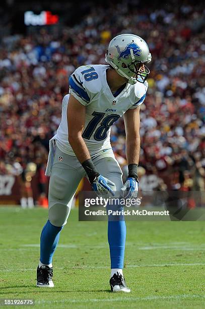 Kris Durham of the Detroit Lions in action in the second half during a game against the Washington Redskins at FedExField on September 22, 2013 in...