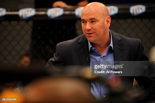 President Dana White introduces the bout between Jessica Rakoczy and Roxanne Modafferi in their preliminary fight during filming of season eighteen...