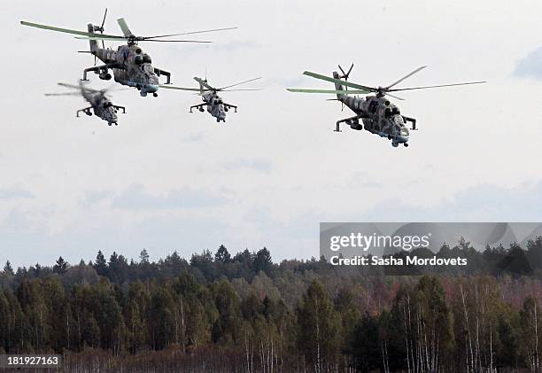 Helicopters are seen during a joint Russian-Belarussian military exercise at the polygon on September 26, 2013 in Grodno, Belarus.