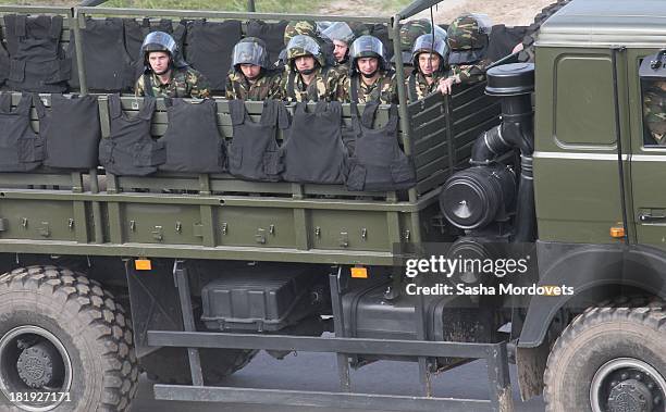 Soldiers are seen during a joint Russian-Belarussian military exercises at the polygon on September 26, 2013 in Grodno, Belarus.