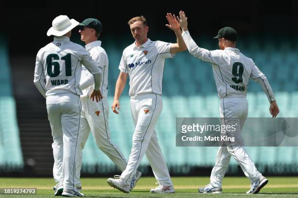 Bradley Hope of the Tigers celebrates with team mates after taking the wicket of Jack Nisbet of New South Wales during the Sheffield Shield match...