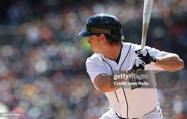 Andy Dirks of the Detroit Tigers bats in the first inning of the game against the Chicago White Sox at Comerica Park on September 22, 2013 in...