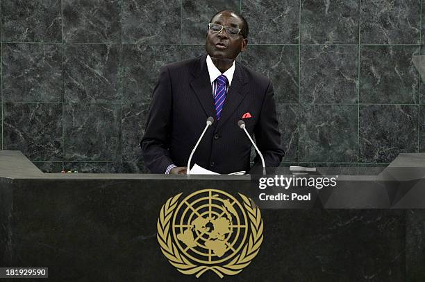 President of the Republic of Zimbabwe Robert Mugabe addresses the 68th United Nations General Assembly at U.N. Headquarters on September 26, 2013 in...