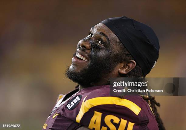 Defensive tackle Will Sutton of the Arizona State Sun Devils reacts on the sidelines during the college football game against the Sacramento State...