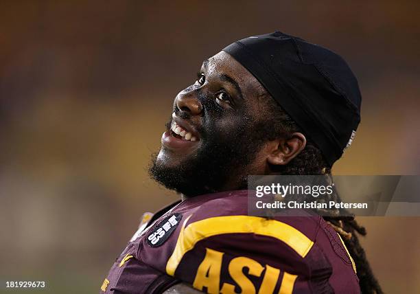 Defensive tackle Will Sutton of the Arizona State Sun Devils reacts on the sidelines during the college football game against the Sacramento State...