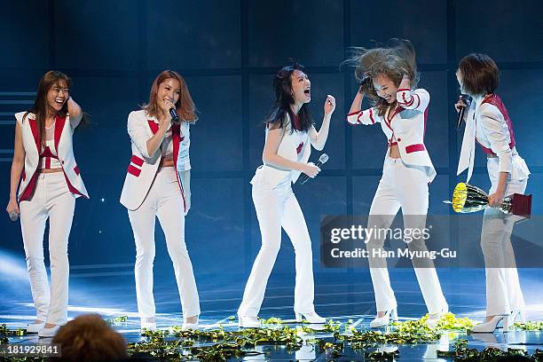 Seungyeon, Gyuri, Kang Ji-Young , Hara and Nicole of South Korean girl group Kara perform onstage the MBC Music "Show Champion" at Uniqlo-AX Hall on...